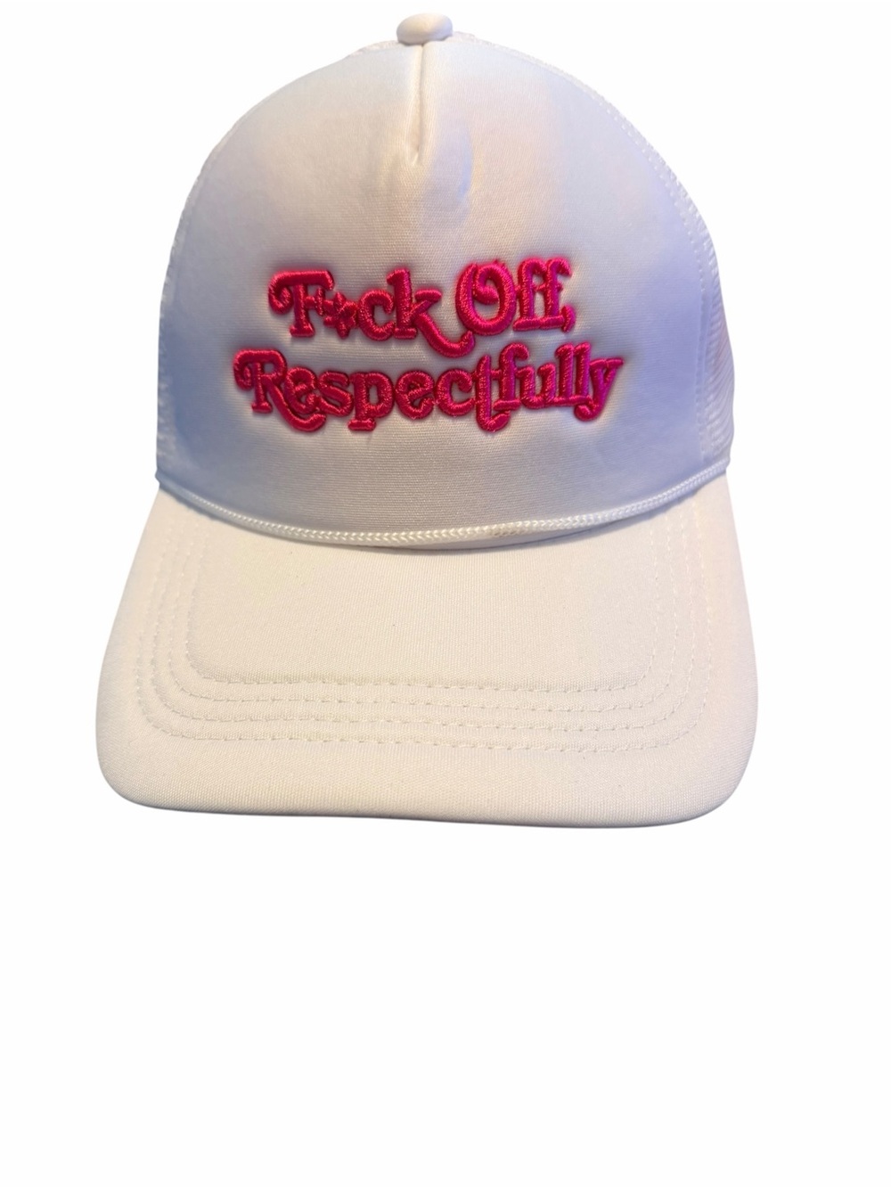 Source Unknown White Trucker Hat with Pink Embroidered Slogan